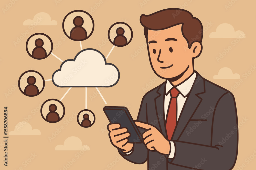 Aufkleber cloud computing technology concept. businessman with a smartphone connecting to a network of people.