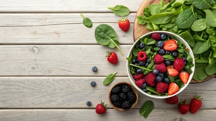 Farm-to-table organic food concept A fresh assortment of berries and spinach arranged on a rustic wooden surface.