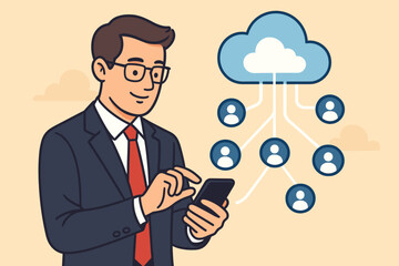 Cloud computing concept with businessman managing network on smartphone. Data storage, information technology, and remote team collaboration. Global connectivity and communication system.
