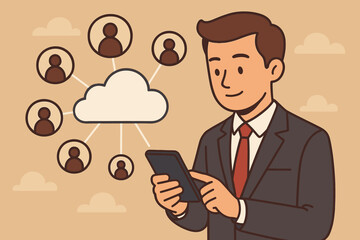 Cloud computing technology concept. Businessman with a smartphone connecting to a network of people. Digital communication, team collaboration, data storage, and social networking illustration.