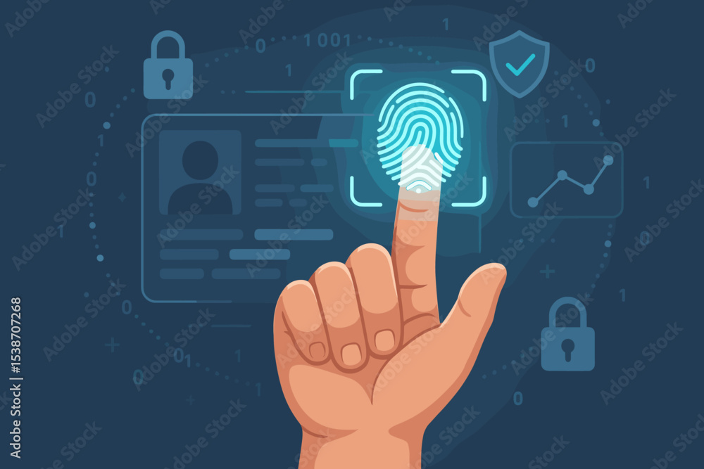 Poster fingerprint scan for biometric security. digital authentication and identification concept. cybersec