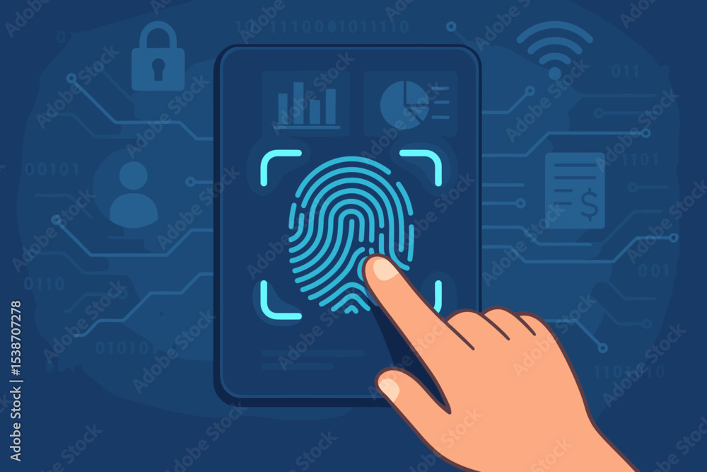 Poster fingerprint scanning for biometric authentication. cyber security and data protection concept. user 