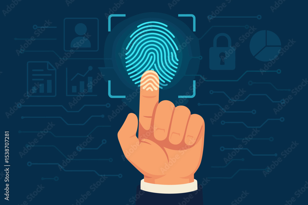 Poster fingerprint scan for biometric authentication. cybersecurity concept with hand touching digital scre
