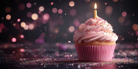 Delightful birthday cupcake with pink frosting and a candle glowing against a sparkling background