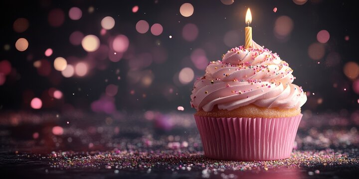 Delightful birthday cupcake with pink frosting and a candle glowing against a sparkling background