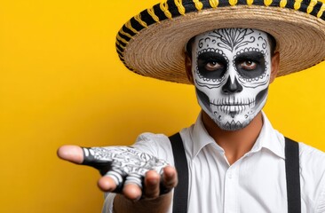 A man in a Day of the Dead costume, wearing a white shirt and suspenders, holds his hand out as if to place something on it.