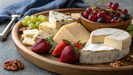 Farm-to-table organic food concept A beautifully arranged cheese platter with fruits and crackers, perfect for gatherings.
