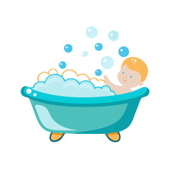 Naklejka premium Vector illustration of a baby bath filled with warm water and bubbles on white background