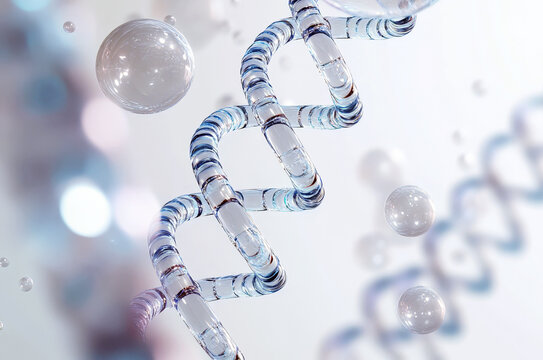 floating translucent blue and green DNA strands inside glassy soft-focus bubbles, clean white and pastel pink background, ultra-minimal and elegant aesthetic, visualization style