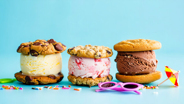 Three delicious ice cream cookie sandwiches on blue background - Powered by Adobe