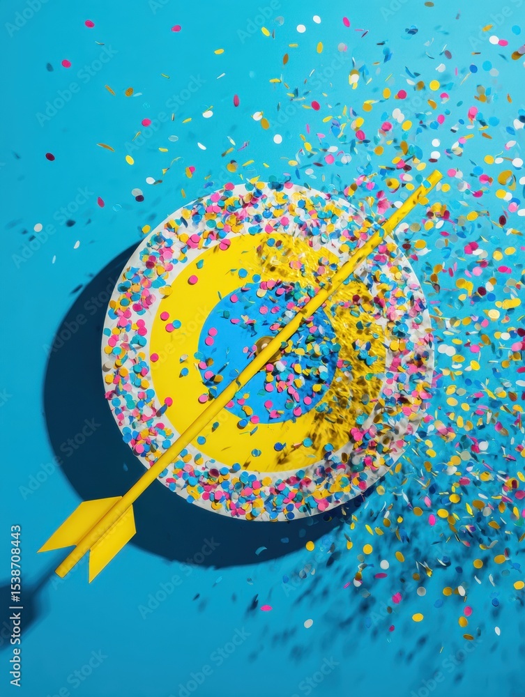 Poster vibrant wheel of fortune mid-spin with bright arrow and colorful confetti creating a festive atmosph