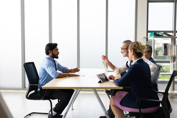 Human resources : company, successful deal. Human resources manager interviewing applicant at...