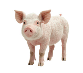 A cute pig with a pink snout stands in front of a white background. Concept of innocence and playfulness, as the pig appears to be posing for the camera