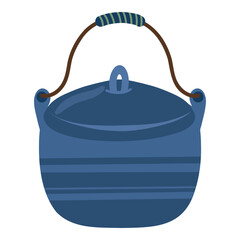 Hand drawn camping blue cooking pot with handle and lid vector illustration