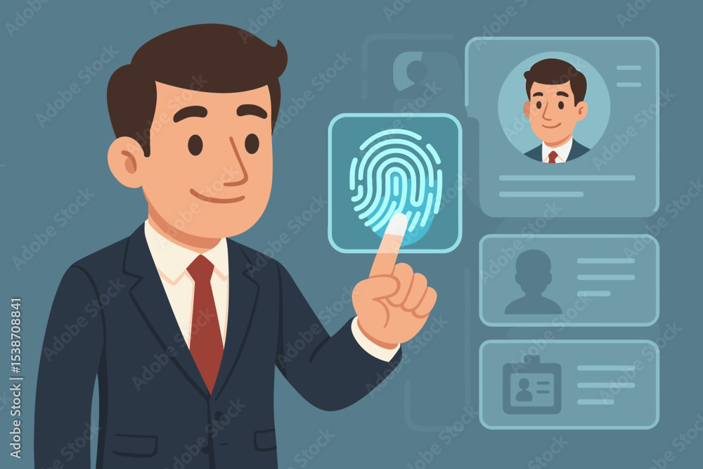 Poster biometric authentication technology concept. businessman using a fingerprint scanner to access secur