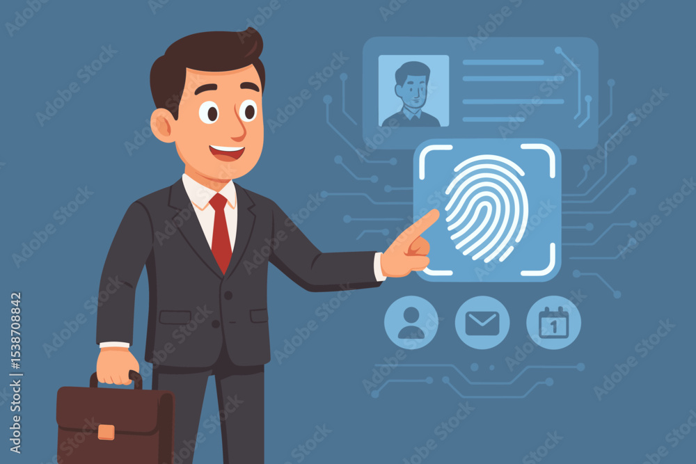 Poster businessman using a fingerprint scanner on a futuristic interface for biometric authentication. cybe