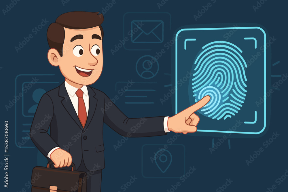 Poster biometric authentication concept. businessman scanning fingerprint on a futuristic touch screen inte