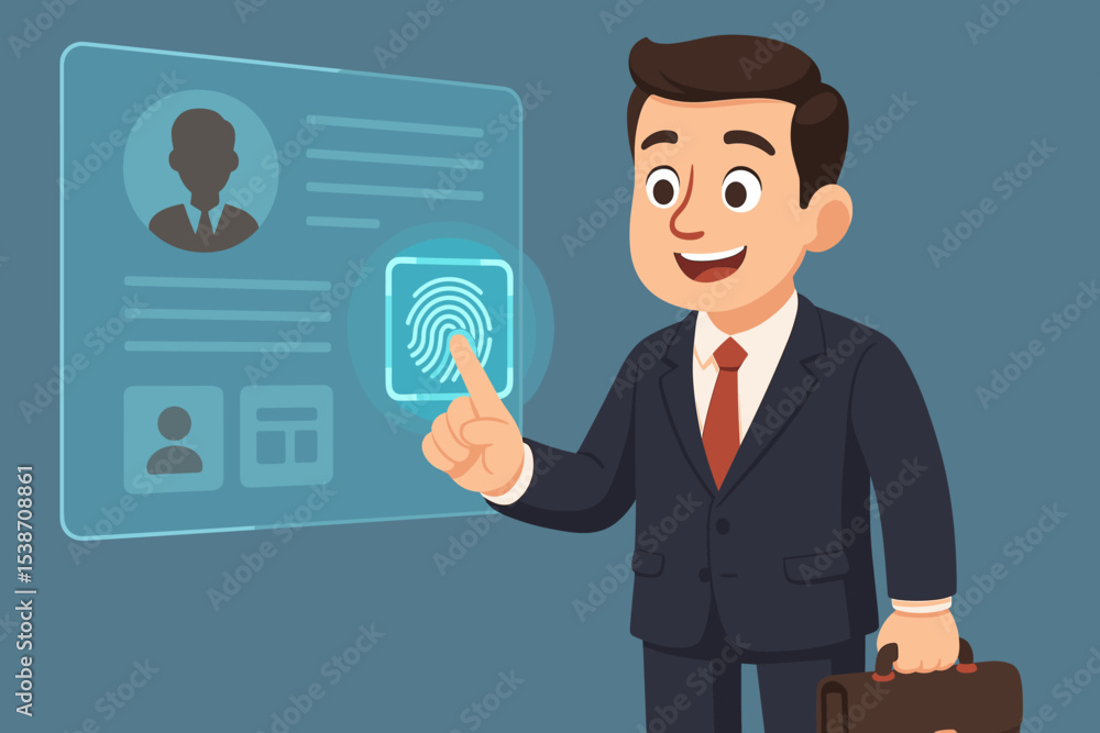 Poster businessman scanning fingerprint on a futuristic interface for secure data access. biometric authent