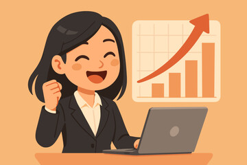 Successful businesswoman celebrates financial growth in front of a laptop. Happy female employee excited about a rising profit chart. Career achievement, goal, and success concept.