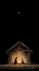 Nativity scene depicting the birth of Jesus with Mary and Joseph under a starlit sky in a simple stable