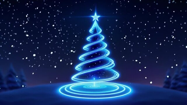 Neon Christmas tree and falling snow. Dark blue background
