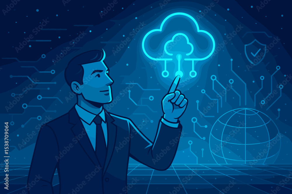 Poster businessman touching cloud computing icon on a futuristic interface. concept of digital transformati