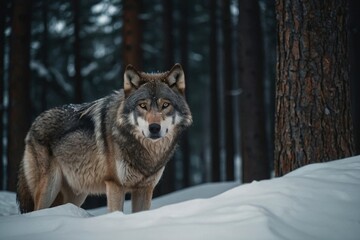 Obraz premium Wolf Standing Alertly in a Snowy Winter Forest with Dark Tree Trunks