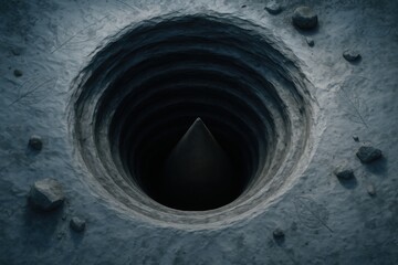 Layered Stone Pit with Sharp Black Cone Core on Rocky Gray Terrain in Shadowed Crater

