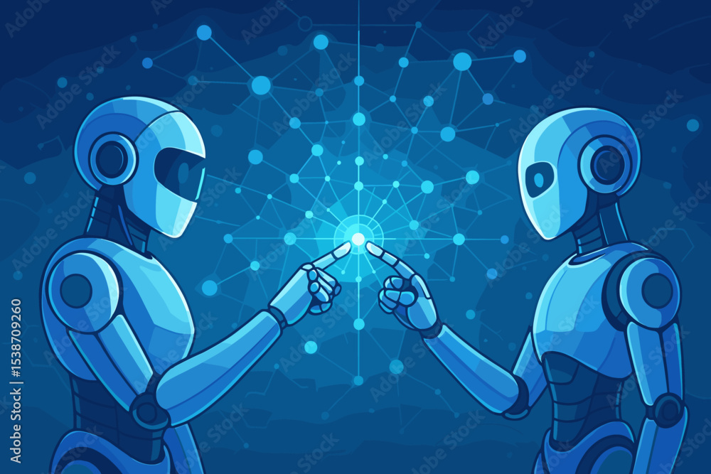 Poster two robots connect in the metaverse. artificial intelligence concept. cyborgs touching fingers on a 