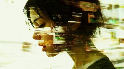 Glitch-Styled Portrait of a Woman with Data Distortion Overlay