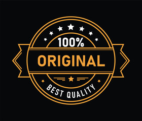 Emblem showcases a 100% original quality assurance badge with bold typography and decorative stars, designed in a minimal vector style on a black background for effective branding.