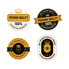 Four distinct premium quality badges are displayed, designed in a minimal vector style. Each features a satisfaction guarantee with a focus on a modern aesthetic ideal for branding efforts.