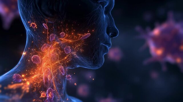 Glowing immune cells are swarming a throat during a fever, fighting against viruses and bacteria, visualized in a medical science animation