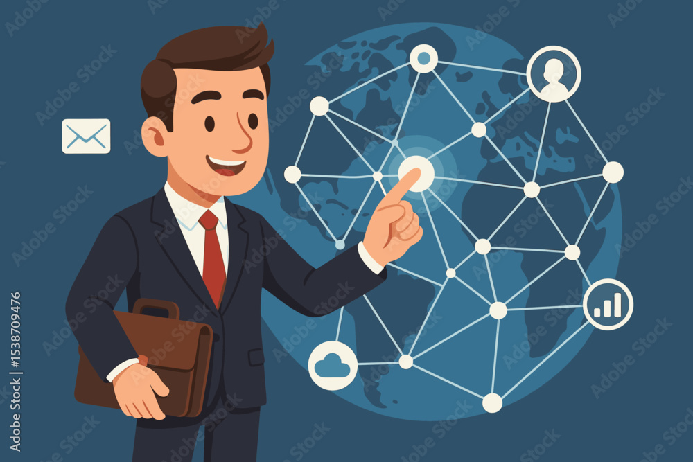 Poster cartoon businessman interacting with global network on world map. man pointing at digital interface 
