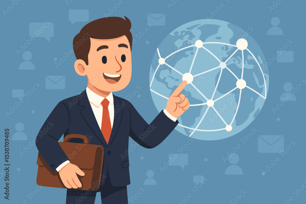 Poster cartoon businessman with briefcase pointing at a global network on a world globe. international busi