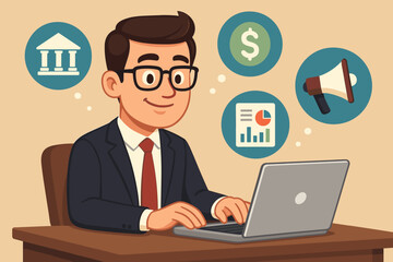 Businessman at office desk working on laptop. Multitasking concept for financial management, business data analytics, marketing strategy and banking. Professional manager vector.