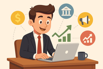 Businessman working on laptop with finance icons. Concept of investment, marketing, and business growth. Financial analysis, banking and strategy for success. Stock market trading.