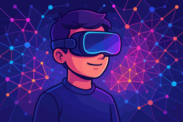 Futuristic virtual reality concept with a man wearing VR headset. Person exploring the metaverse or cyberspace on a digital network background. Immersive technology for gaming.