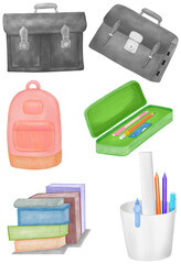 School supplies set with books, bags, and stationery