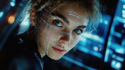 Confident Woman with Blue Scanning Grid on Face in High-Tech Setting
