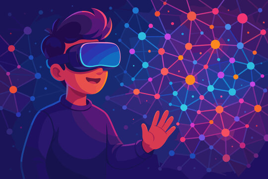 Boy wearing VR headset explores the metaverse. Futuristic concept of virtual reality. Young man interacting with a glowing digital data network. Cyberspace, AR, and gaming technology.