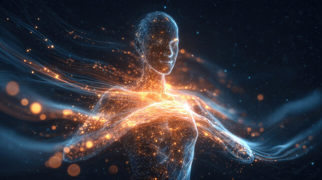 abstract humanoid figure symbolizing Artificial Intelligence, made of digital particles and light