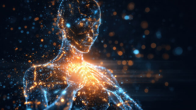 abstract humanoid figure symbolizing Artificial Intelligence, made of digital particles and light