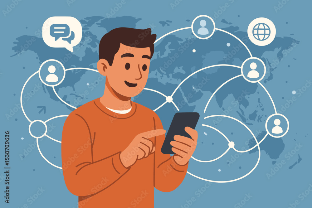 Poster global connectivity concept with man using smartphone for social media. worldwide network, digital c