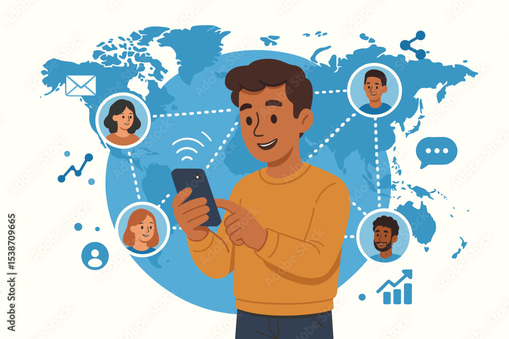 Poster global connectivity concept with man using smartphone for social media networking. worldwide communi