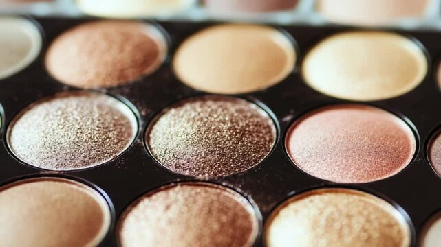 A close-up shot of various eyeshadows in a palette, suitable for makeup tutorials or beauty product photography