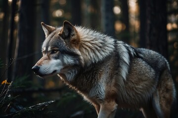 Fototapeta premium Close-up of a Gray Wolf Standing Alert in a Dark Forest