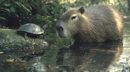 Obraz premium Capybara and Turtles in their natural habitat.