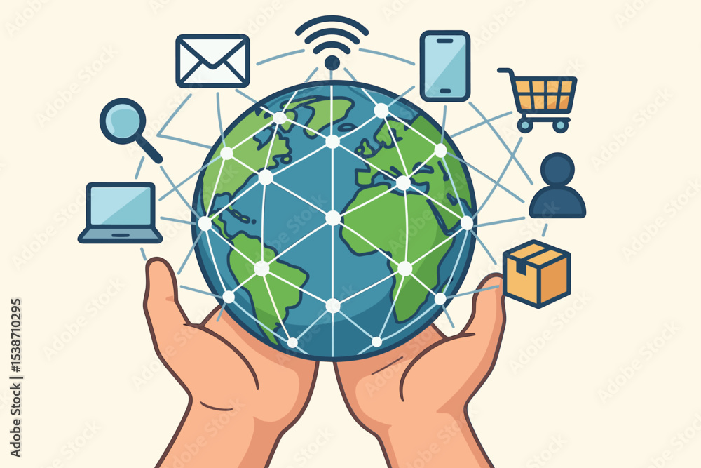 Poster global network connection concept. hands holding earth with internet technology icons. worldwide com