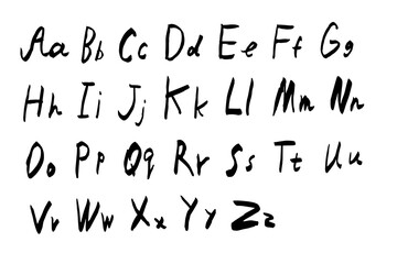 Alphabet is handwritten in black pen scrawl on white background. Doodle style English letters are uppercase and small in simple style.